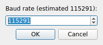 The baud rate dialog, pre-filled with the estimate 115291
