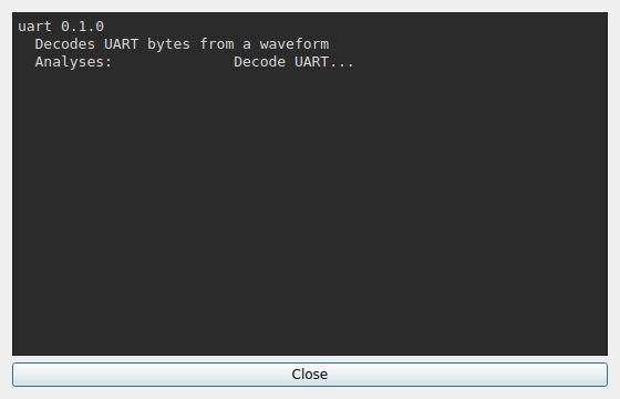 Help → Plugins listing uart 0.1.0 and its Decode UART analysis