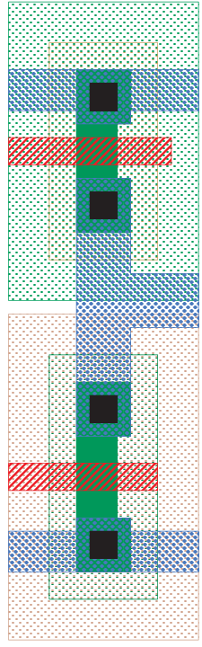 Figure 1: An example of how the logs are used. The figure on the left shows actual mask layers for an CMOS inverter cell, and the figure on the right shows the layers used to represent the cell in Magic.