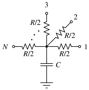 Figure 1: Each node extracted by Magic has a lumped resistance R and a lumped capacitance C to the substrate. These lumped values can be interpreted as in the diagram above, in which each device connected to the node is attached to one of the points 1, 2, …, N.